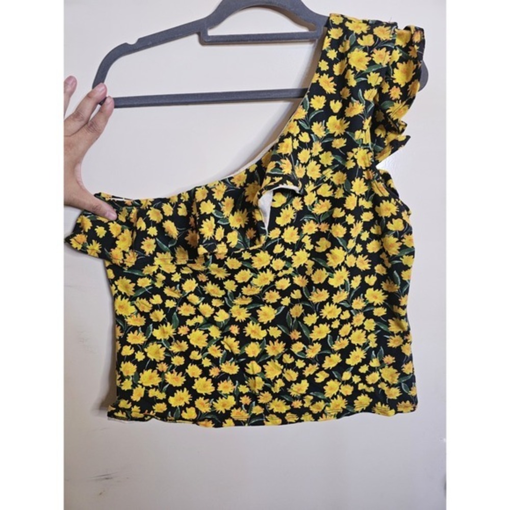 NWT Anthropologie Maeve One-Shoulder Ruffled Top Large Sunflower‎ Print